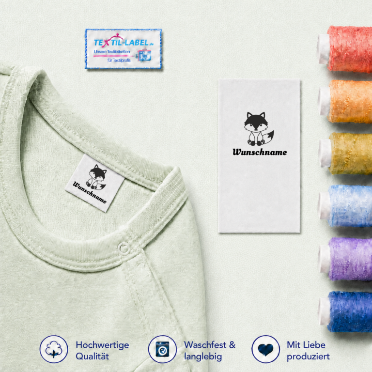 Textiletiketten mit Fuchs Motiv Theo und Wunschnamen Namensetiketten – Beispielname Wunschname