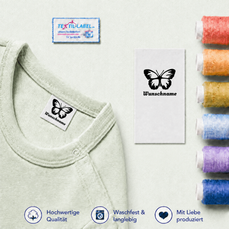 Individuelle Textiletiketten mit Schmetterling Motiv und Wunschnamen Namensetiketten – Beispielname Wunschname