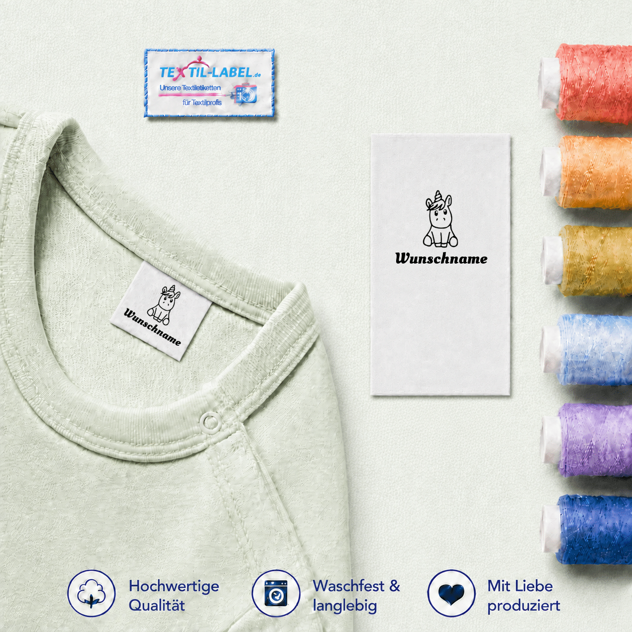 Individuelle Textiletiketten mit Einhorn Motiv und Wunschnamen Namensetiketten – Beispielname Wunschname