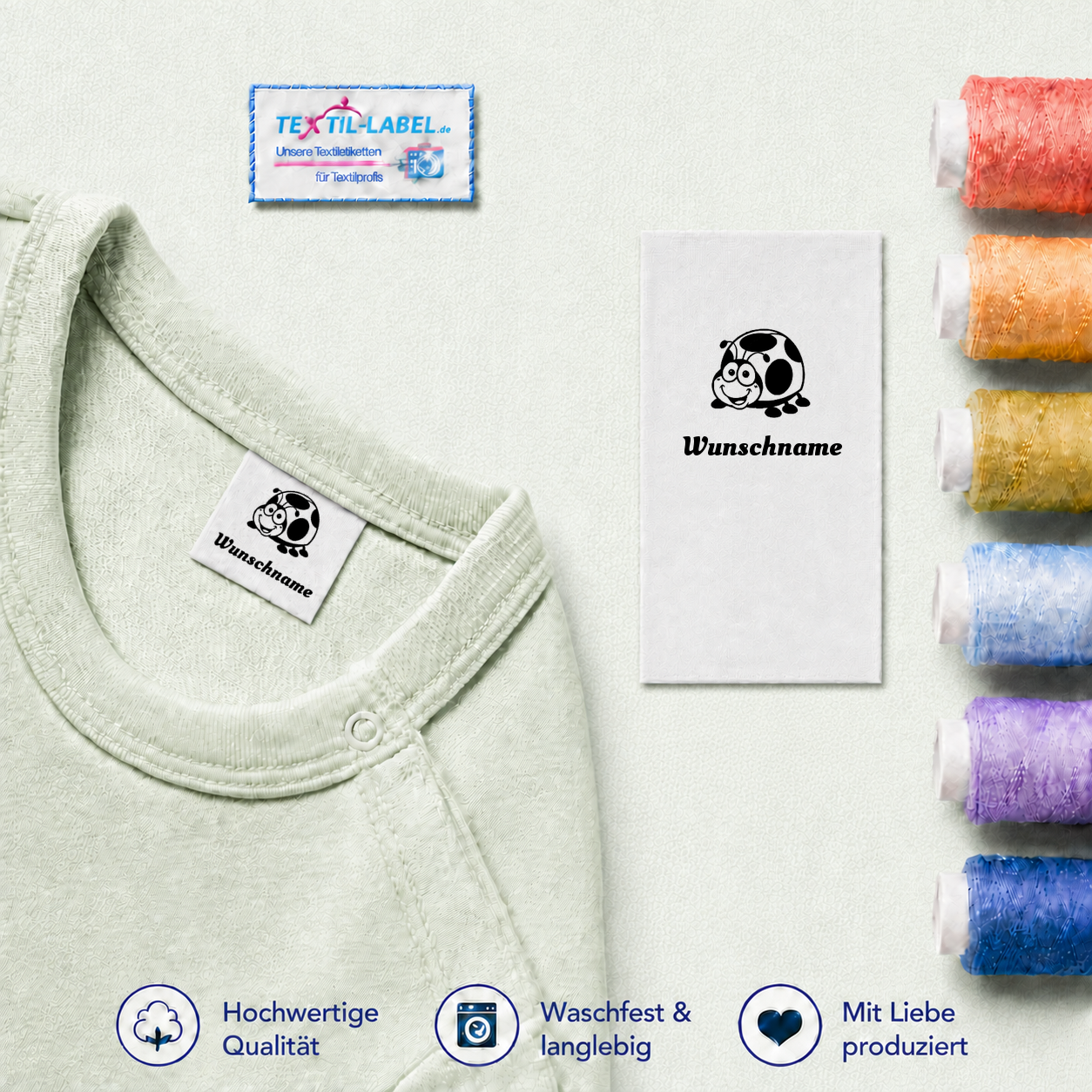 Individuelle Textiletiketten mit Marienkäfer Motiv und Wunschnamen Namensetiketten – Beispielname Wunschname