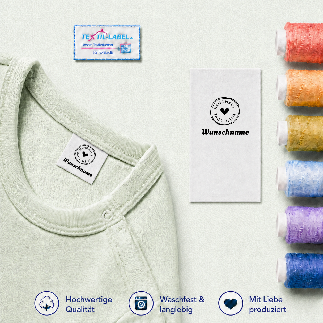 Individuelle Textiletiketten mit Herz Handmade with Love 4 und Wunschnamen Namensetiketten – Beispielname Wunschname