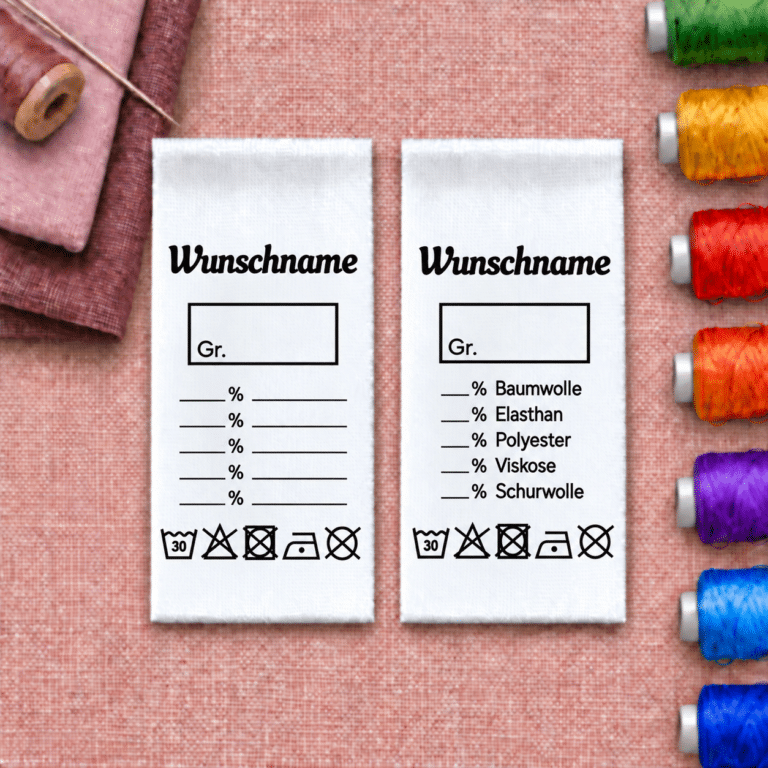 Textiletiketten mit Wunschname, Materialangaben und Pflegehinweisen